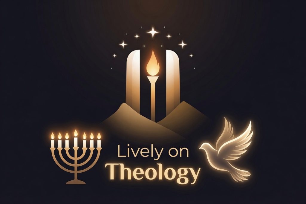 Lively on Theology artwork with an illuminated menorah, flame, and dove